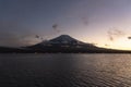 Symmetry snowcapped volcano mountain Fuji against Yamanakako famous tourist lake