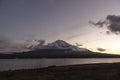 Symmetry snowcapped volcano mountain Fuji against Yamanakako famous tourist lake