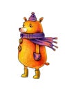 Sympathetic bear in a winter hat and a warm blue scarf, stands in the wind. illustration on white background.