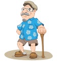 Sympathetic old male smiling, wearing flowered shirt, beret, Bermuda, slipper and cane Royalty Free Stock Photo