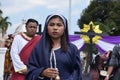 Sympathetic woman felt disgust on Jesus Christ trial walking, street drama, community celebrates Good Friday representing the eve