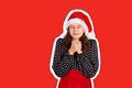 Sympathizing woman in dress holding hands together on chest. Magazine collage style with trendy color background. holiday concept Royalty Free Stock Photo