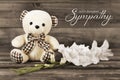 Sympathy card with teddy bear and white flower on wooden background Royalty Free Stock Photo