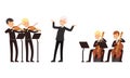 Symphonic Orchestra Playing Classical Music Performing on Stage, Conductor and Musicians Playing Violins Cello Cartoon Royalty Free Stock Photo