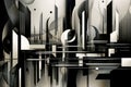 symphony of abstract shapes and lines on a monochromatic background, representing the interplay between order and chaos