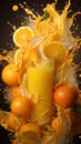 A Symphony of Citrus: Oranges Enveloped in a Spiraling Juice Whirlwind. AI generation