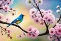 A symphony of colorful birds perched on a blooming cherry blossom tree in full spring splendor