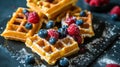 Symphony of Delights, Scrumptious Waffles With Luscious Berries and Juicy Blueberries, Showcase Elegantly on a Noir Royalty Free Stock Photo