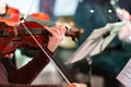 Symphony music. Male musician playing the violin in orchestra. Focus on bow