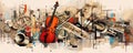 symphony of musical notes and instruments on an abstract background, harmoniously blending sound panorama Royalty Free Stock Photo
