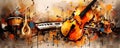 symphony of musical notes and instruments on an abstract background, harmoniously blending sound panorama Royalty Free Stock Photo