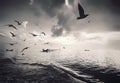 Symphony of Nature: Birds in Flight Over the Tranquil Waters, Where a Boat Rests in Peace