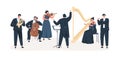 Symphony orchestra flat vector illustration. Professional musicians playing musical instruments on stage with conductor Royalty Free Stock Photo