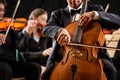 Symphony orchestra performance: celloist close-up Royalty Free Stock Photo