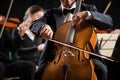 Symphony orchestra performance: celloist close-up Royalty Free Stock Photo