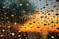 symphony of raindrops falling on a glass surface, distorting and refracting the world in shimmering patterns