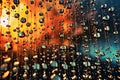 symphony of raindrops falling on a glass surface, distorting and refracting the world in shimmering patterns