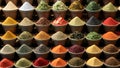 A Symphony of Spices at a Market Display. Concept Spice Market, Aromatic Flavors, Vibrant Displays,