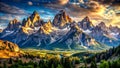 A Symphony of Stone and Sky A Majestic Mountain Range Beckons with Its Rugged Beauty and Breathtaking Panoramic Views Computer- Royalty Free Stock Photo