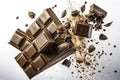 A Symphony of Sweetness: Exploding Milk Chocolate Candy Chunks Against a Pristine White Background
