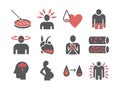 Symptoms of anemia. Iron deficiency. Diagnosis and treatment of anemia. Icons set. Vector signs for web graphics