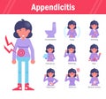 Symptoms of appendicitis: constipation, fever, vomiting, flatulence, burping, pain, heartburn, dizziness, muscle tension Royalty Free Stock Photo