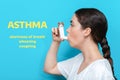 Symptoms of asthma. Portrait of a young woman using an inhaler. Blue background. Side view. Text