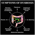 Symptoms of dysbiosis. Dysbacteriosis of the intestine. large intestine. dysbiosis colon. Bacteria, fungi, viruses. Infographics