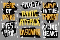 Symptoms of a panic attack and depressive disorders. Hand drawn vector lettering anxiety, insomnia, chest pain, racing heart, fear Royalty Free Stock Photo