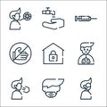 Symptoms virus line icons. linear set. quality vector line set such as pain, mask, breath, sick, stay at home, dont touch,