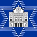 Synagogue drawing inside David star shape. Jewish religious symbolism. White synagoque silhouette on blue background.