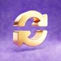 Sync icon. Gold glossy Sync symbol isolated on violet velvet background.