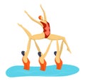 Synchro movement performance in pool, isolated on white vector illustration. Swimmer sport team in swimsuit icon. Woman