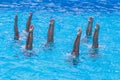 Synchronised swimming. Beautiful lean female legs in the water of a swimming pool. Concept of beauty, artistry