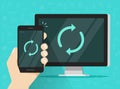 Synchronization of smartphone and computer vector illustration, flat cartoon mobile phone and pc with synch icon on