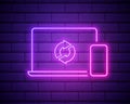 synchronize smart phone with laptop icon in neon style. One of Mobile banking collection icon can be used for UI, UX Royalty Free Stock Photo