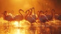 Synchronized flamingo ballet african salt pan spectacle in golden evening light Royalty Free Stock Photo