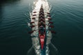 synchronized rowers on the sea Aerial view, perfect harmony