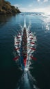 synchronized rowers on the sea Aerial view, perfect harmony