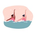 Synchronized swimming vector illustration. Women synchro swimmers work as a team in swimming pool. Water sport concept