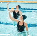 Synchronized, swimming and women in competition performance, event or dance together in pool, water or sport. Athlete Royalty Free Stock Photo