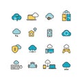 Syncing computer, cloud computing network, big data analysis, internet security line vector icons Royalty Free Stock Photo