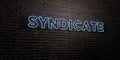 SYNDICATE -Realistic Neon Sign On Brick Wall Background - 3D Rendered Royalty Free Stock Image