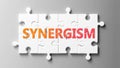 Synergism complex like a puzzle - pictured as word Synergism on a puzzle pieces to show that Synergism can be difficult and needs Royalty Free Stock Photo