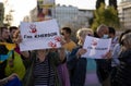 SYNTAGMA SQUARE, ATHENS, GREECE - April 3rd, 2022: Anti-war protest in support of Ukraine, demonstrators hold Royalty Free Stock Photo