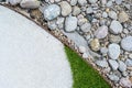 syntetic grass  and white rocks separated by iron.. Royalty Free Stock Photo