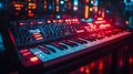 Synth keyboard with colorful lights in a dark studio