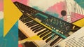 synth wave retro abstract mixed collage illustration of music piano paper abstract elements