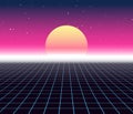 Synth wave retro grid background. Synthwave 80s vapor vector game poster neon futuristic laser space arcade
