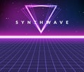 Synth wave retro grid background. Synthwave 80s vapor vector game poster neon futuristic laser space arcade Royalty Free Stock Photo